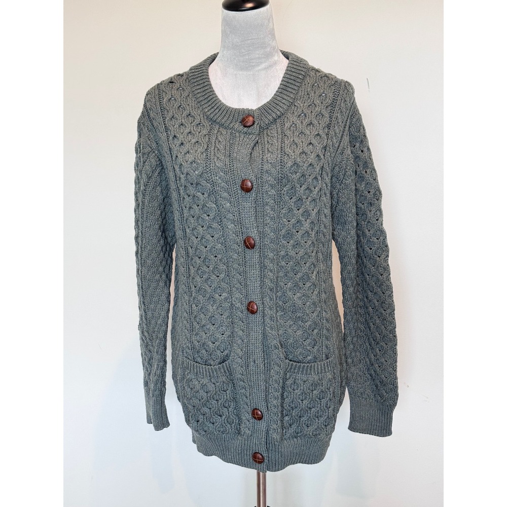 Aran Crafts Ireland 100% Merino Wool Cable Knit Cardigan Sweater Green Gray XL